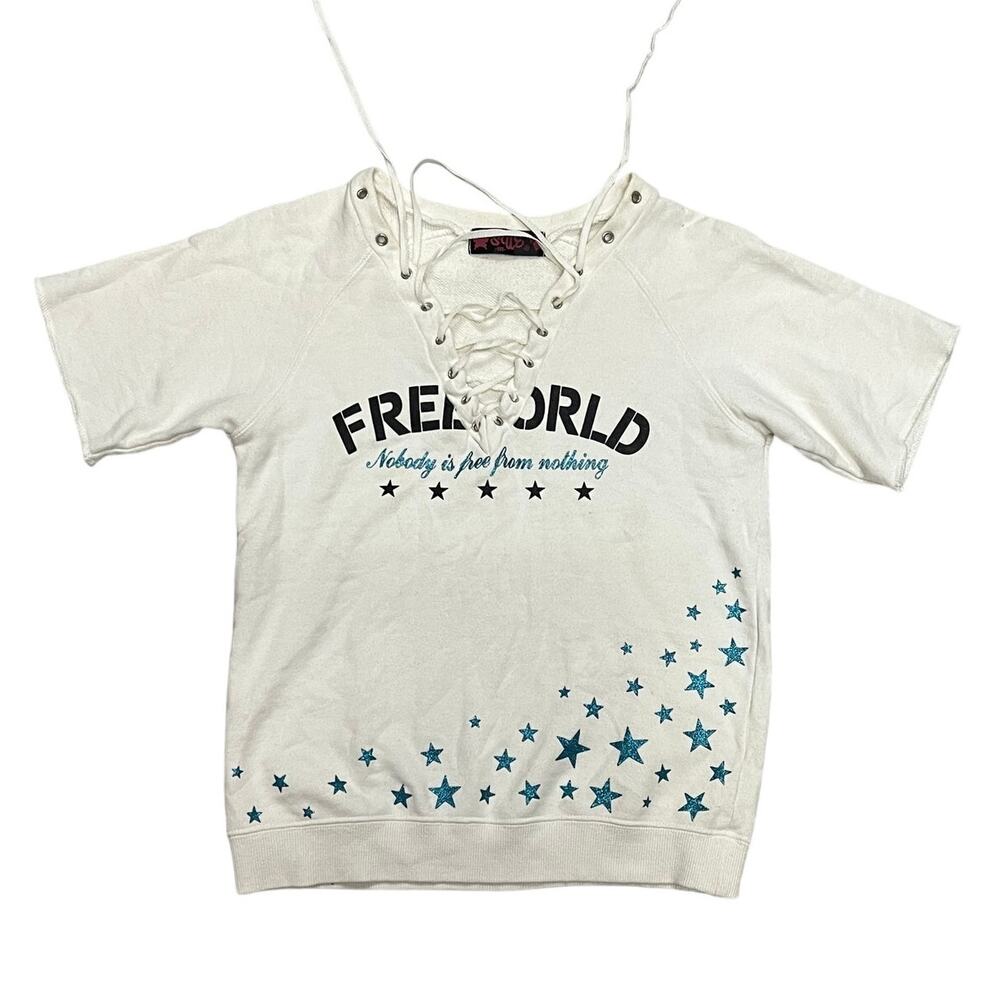 Y2K Freeworld "Nobody Is Free From Nothing" Cross Top, Size Small